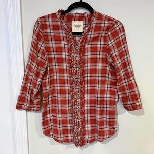 Abercrombie & Fitch Red Plaid Flannel Button Down, Ruffle Detail, Large
